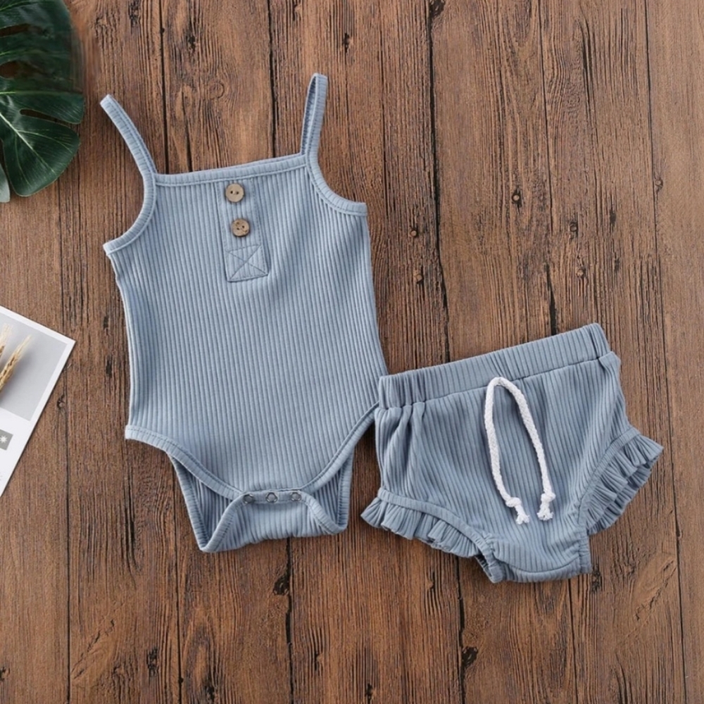 Baby Girl Boy Ribbed Two-Piece Set Dusty Blue Bodysuit & Ruffle Bloomer Outfit